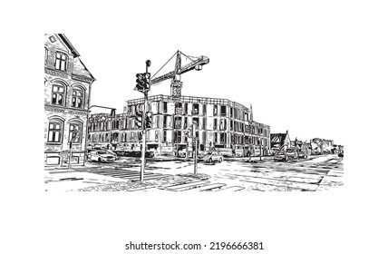 Die Stadt Odense ist die drittgrößte Stadt Dänemarks. Handgezeichnete Skizzengrafik in Vektorgrafik.