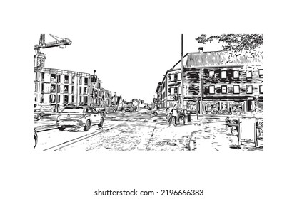 Building view with landmark of Odense is the third largest city in Denmark. Hand drawn sketch illustration in vector.
