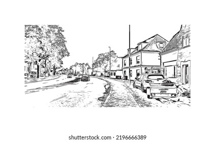 Building view with landmark of Odense is the third largest city in Denmark. Hand drawn sketch illustration in vector.