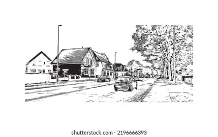 Building view with landmark of Odense is the third largest city in Denmark. Hand drawn sketch illustration in vector.
