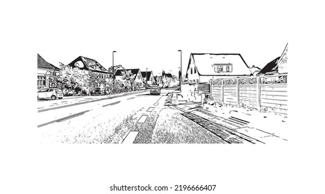 Building view with landmark of Odense is the third largest city in Denmark. Hand drawn sketch illustration in vector.