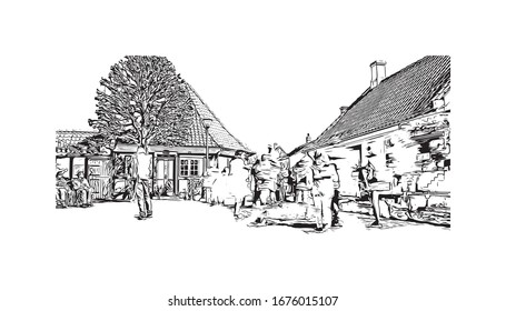 Building view with landmark of Odense is the third-largest city in Denmark. Hand drawn sketch illustration in vector.