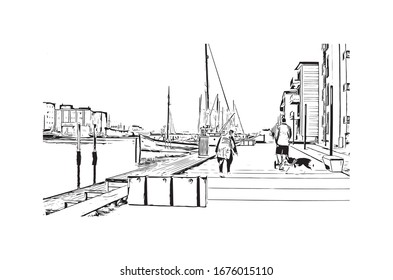 Building view with landmark of Odense is the third-largest city in Denmark. Hand drawn sketch illustration in vector.