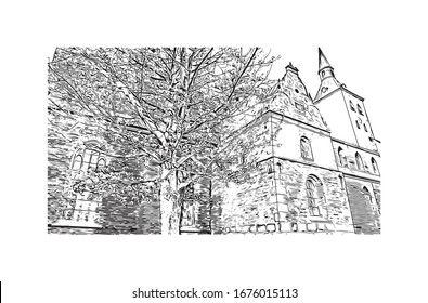 Building view with landmark of Odense is the third-largest city in Denmark. Hand drawn sketch illustration in vector.