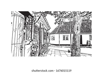 Building view with landmark of Odense is the third-largest city in Denmark. Hand drawn sketch illustration in vector.