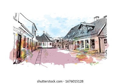 Building view with landmark of Odense is the third-largest city in Denmark. Watercolor splash with Hand drawn sketch illustration in vector.
