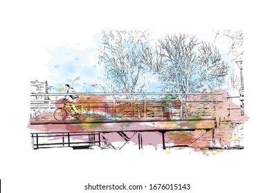 Building view with landmark of Odense is the third-largest city in Denmark. Watercolor splash with Hand drawn sketch illustration in vector.