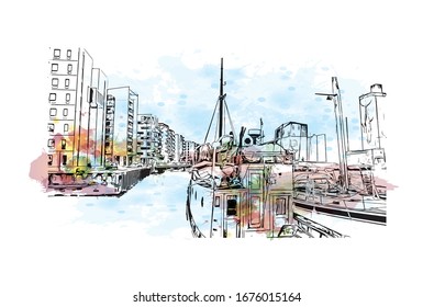Building view with landmark of Odense is the third-largest city in Denmark. Watercolor splash with Hand drawn sketch illustration in vector.