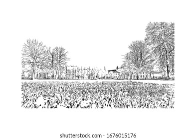 Building view with landmark of Odense is the third-largest city in Denmark. Hand drawn sketch illustration in vector.