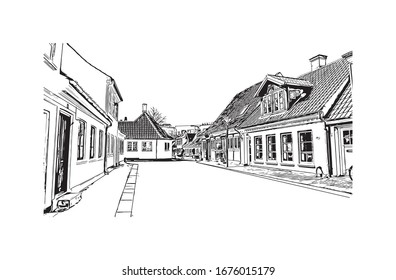 Building view with landmark of Odense is the third-largest city in Denmark. Hand drawn sketch illustration in vector.