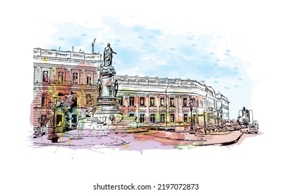 Building view with landmark of Odessa
is the city in Ukraine. Watercolor splash with hand drawn sketch illustration in vector.