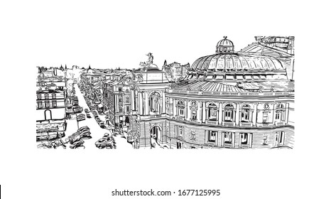 Building view with landmark of Odessa is a port city on the Black Sea in southern Ukraine. Hand drawn sketch illustration in vector.