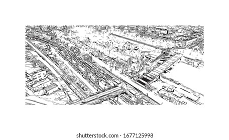 Building view with landmark of Odessa is a port city on the Black Sea in southern Ukraine. Hand drawn sketch illustration in vector.