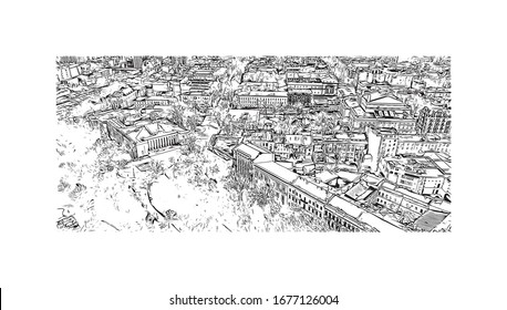 Building view with landmark of Odessa is a port city on the Black Sea in southern Ukraine. Hand drawn sketch illustration in vector.