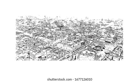 Building view with landmark of Odessa is a port city on the Black Sea in southern Ukraine. Hand drawn sketch illustration in vector.