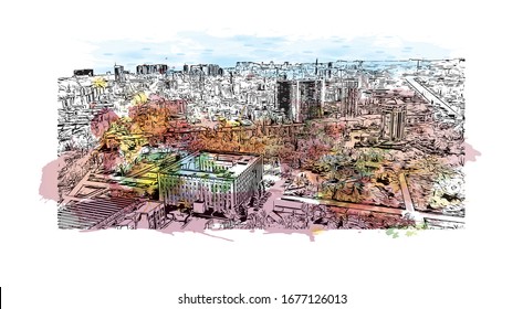 Building view with landmark of Odessa is a port city on the Black Sea in southern Ukraine. Watercolor splash with Hand drawn sketch illustration in vector.