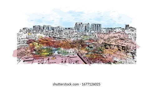 Building view with landmark of Odessa is a port city on the Black Sea in southern Ukraine. Watercolor splash with Hand drawn sketch illustration in vector.