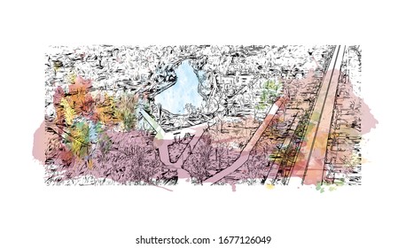 Building view with landmark of Odessa is a port city on the Black Sea in southern Ukraine. Watercolor splash with Hand drawn sketch illustration in vector.