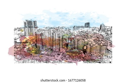 Building view with landmark of Odessa is a port city on the Black Sea in southern Ukraine. Watercolor splash with Hand drawn sketch illustration in vector.