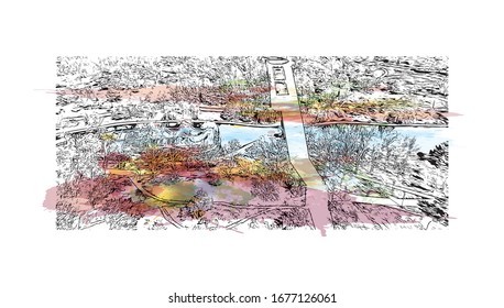 Building view with landmark of Odessa is a port city on the Black Sea in southern Ukraine. Watercolor splash with Hand drawn sketch illustration in vector.