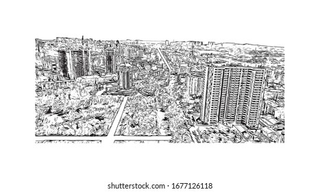 Building view with landmark of Odessa is a port city on the Black Sea in southern Ukraine. Hand drawn sketch illustration in vector.