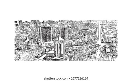 Building view with landmark of Odessa is a port city on the Black Sea in southern Ukraine. Hand drawn sketch illustration in vector.