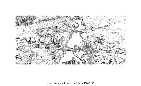 Building view with landmark of Odessa is a port city on the Black Sea in southern Ukraine. Hand drawn sketch illustration in vector.