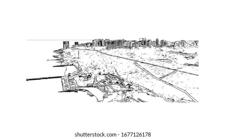 Building view with landmark of Odessa is a port city on the Black Sea in southern Ukraine. Hand drawn sketch illustration in vector.