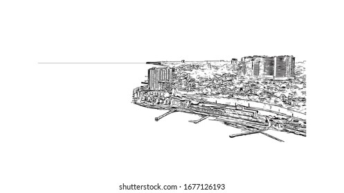 Building view with landmark of Odessa is a port city on the Black Sea in southern Ukraine. Hand drawn sketch illustration in vector.
