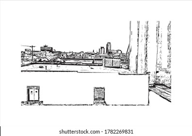 Building view with landmark ofAbilene is a city in Taylor and Jones counties in Texas, United States.  Hand drawn sketch illustration in vector.