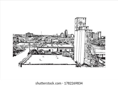 Building view with landmark ofAbilene is a city in Taylor and Jones counties in Texas, United States.  Hand drawn sketch illustration in vector.