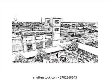 Building view with landmark ofAbilene is a city in Taylor and Jones counties in Texas, United States.  Hand drawn sketch illustration in vector.