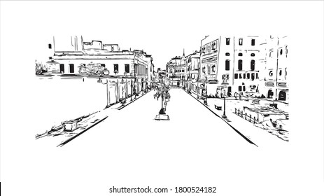 Building View With Landmark OfAmritsar Is A City In The Northwestern Indian State Of Punjab, 28 Kilometers From The Border With Pakistan Hand Drawn Sketch Illustration In Vector.