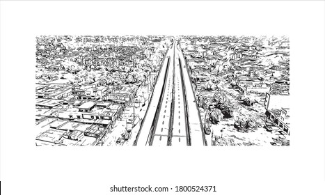Building view with landmark ofAmritsar is a city in the northwestern Indian state of Punjab, 28 kilometers from the border with Pakistan Hand drawn sketch illustration in vector.