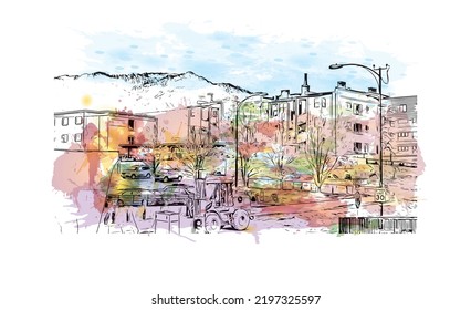Building view with landmark of Ogden is the 
city in Utah. Watercolor splash with hand drawn sketch illustration in vector.