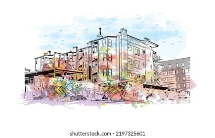 Building view with landmark of Ogden is the 
city in Utah. Watercolor splash with hand drawn sketch illustration in vector.