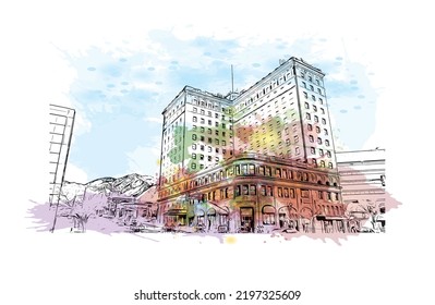 Building view with landmark of Ogden is the 
city in Utah. Watercolor splash with hand drawn sketch illustration in vector.