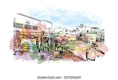 Building view with landmark of Oia is the 
village in Greece. Watercolor splash with hand drawn sketch illustration in vector.