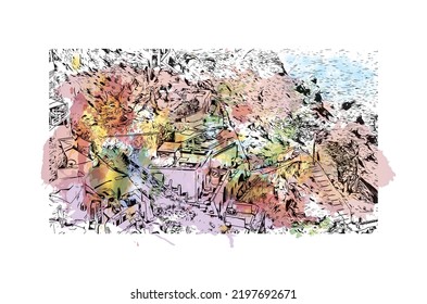Building view with landmark of Oia is the 
village in Greece. Watercolor splash with hand drawn sketch illustration in vector.