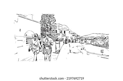 Building view with landmark of Oia is the 
village in Greece. Hand drawn sketch illustration in vector.