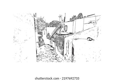 Building view with landmark of Oia is the 
village in Greece. Hand drawn sketch illustration in vector.
