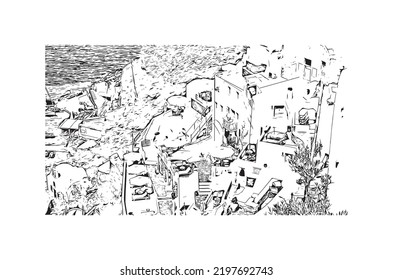 Building view with landmark of Oia is the 
village in Greece. Hand drawn sketch illustration in vector.