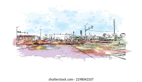 Building view with landmark of Oklahoma is a state in the United States. Watercolor splash with hand drawn sketch illustration in vector.