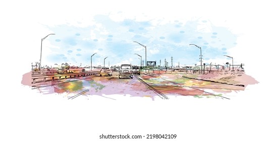 Building view with landmark of Oklahoma is a state in the United States. Watercolor splash with hand drawn sketch illustration in vector.