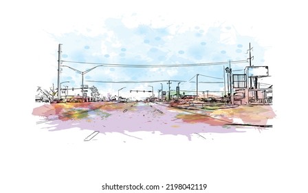 Building view with landmark of Oklahoma is a state in the United States. Watercolor splash with hand drawn sketch illustration in vector.