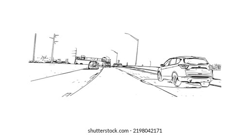 Construir una vista con un punto de referencia de Oklahoma es un estado en los Estados Unidos. Dibujo a mano de ilustración de esbozo en vector.