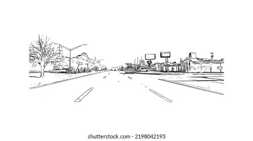 Der Bau-Blick mit Wahrzeichen von Oklahoma ist ein Staat in den Vereinigten Staaten. Handgezeichnete Skizzengrafik in Vektorgrafik.