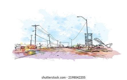 Construir una vista con un punto de referencia de Oklahoma es un estado en los Estados Unidos. Salto de color de agua con ilustración de esbozo dibujada a mano en vector.