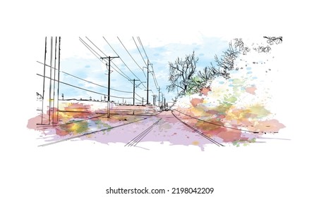 Building view with landmark of Oklahoma is a state in the United States. Watercolor splash with hand drawn sketch illustration in vector.