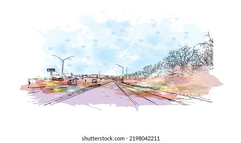 Building view with landmark of Oklahoma is a state in the United States. Watercolor splash with hand drawn sketch illustration in vector.